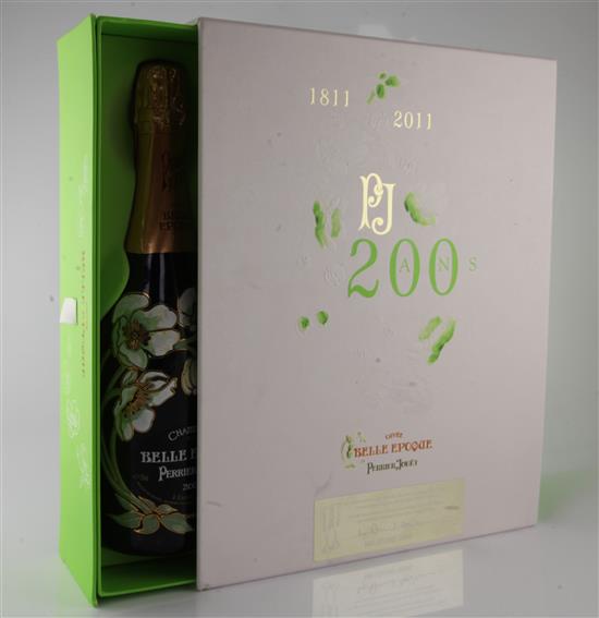 One bottle of Cuvee Belle Epoque Perrier-Jouet Champagne and two glasses
